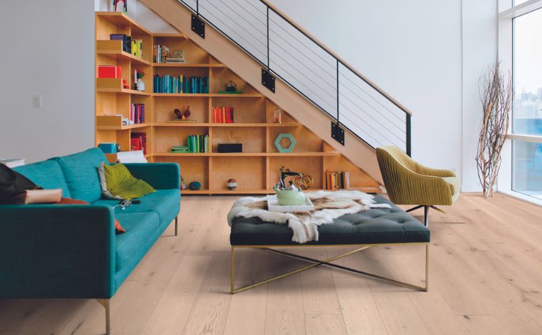 white oak hardwood in colorful open concept living space